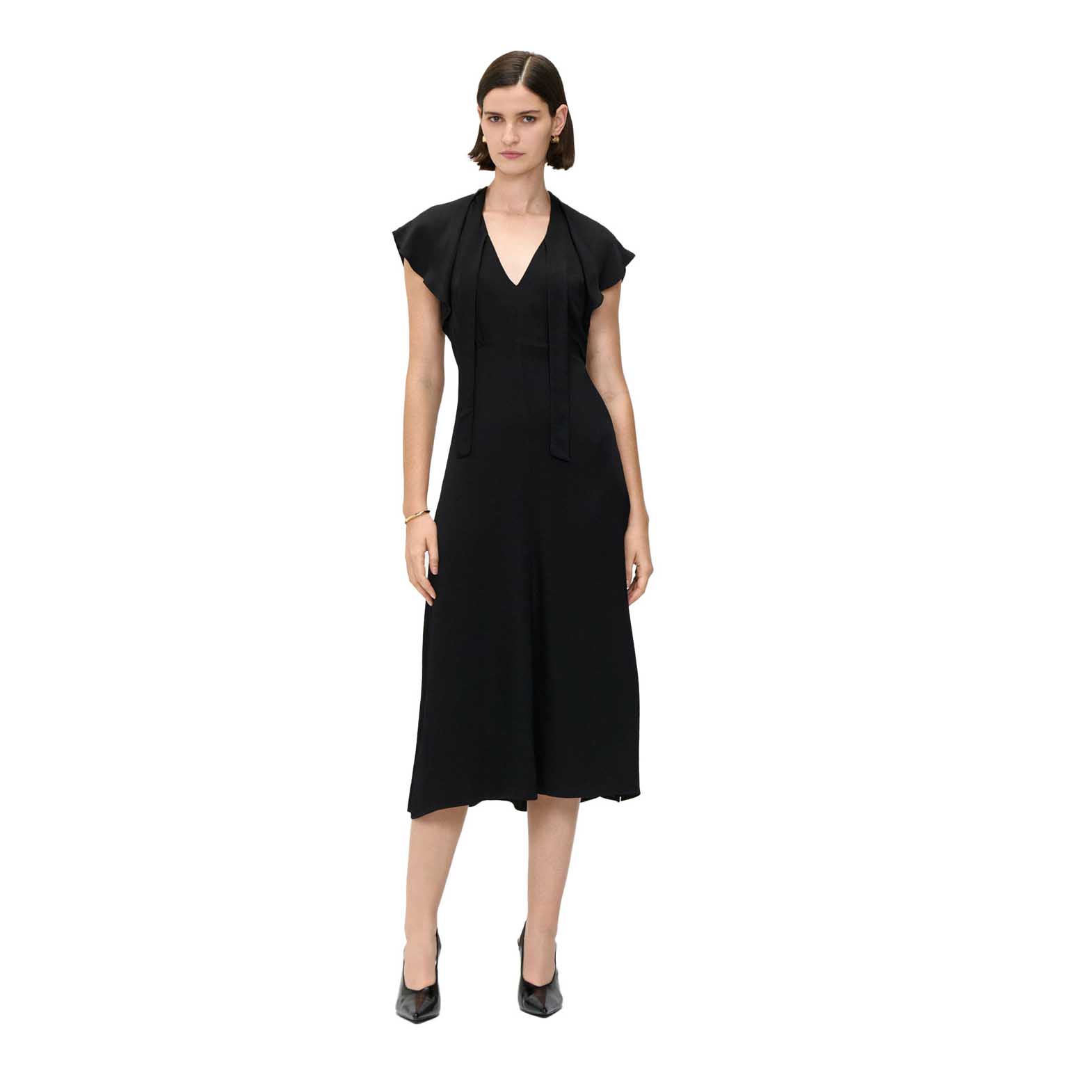 Veronika Maine Hammered Satin Draped Neck Midi Dress